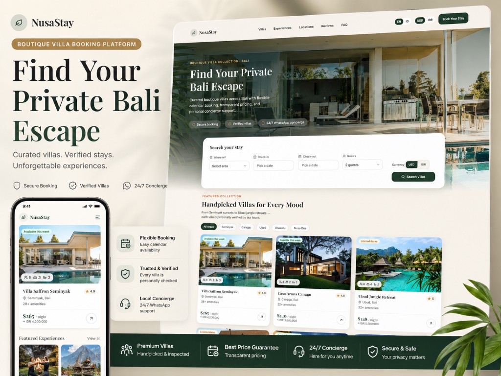 NusaStay — boutique villa booking for Bali with bilingual ID/EN and dual currency